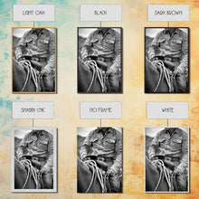 Load image into Gallery viewer, Close-up of cowboy hands holding reins, detailed Western art, black and white photography, Framed Canvas Print, rustic home decor, wall art