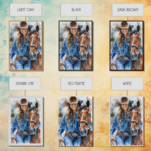 Load image into Gallery viewer, Cowgirl Embracing Horse with Hat - Framed Canvas Print, Western Wall Art, Rustic Decor, Living Room and Bedroom Art Print