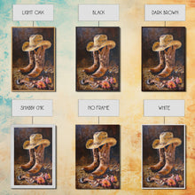 Load image into Gallery viewer, Classic Cowboy Hat and Boots Art - Framed Canvas Print, Rustic Bedroom Decor, Cowboy Themed Wall Art for Home, Western Artwork