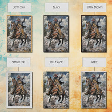 Carregar imagem no visualizador da galeria, Framed Canvas Print, Cowboy Riding Horse with Gun Wall Art, Western Style Artwork for Living Room or Bedroom Decor, Dynamic Home Art Piece