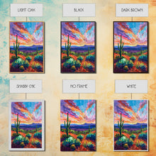 Carregar imagem no visualizador da galeria, Framed Canvas Print, Cacti and Mountains at Sunset Wall Art, Vibrant Southwest Decor for Living Room or Bedroom, Nature Art Decoration Piece