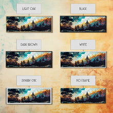 Cargar imagen en el visor de la galería, Extra large 24 x 72 wall art, framed canvas print, abstract pine tree forest painting, painting of a forest fire against a starry night sky