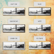 Load image into Gallery viewer, Black And White Suspension Bridge Canvas Print, Large Urban Art Print, Sailboat, River, Landscape, Panoramic, Wall Art, Canvas Print