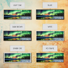 Carregar imagem no visualizador da galeria, Aurora Borealis, Northern Lights Panoramic Framed Canvas Print, Beautiful Winter Wonderland Landscape Painting