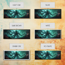 Load image into Gallery viewer, Rise Of Cthulhu Framed Canvas Print, Panoramic Call of Cthulhu H.P. Lovecraft Cosmic Horror Steampunk Gothic Darrk Art Wall Decor