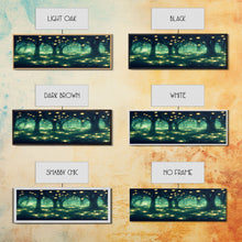 Cargar imagen en el visor de la galería, Fantasy Forest At Night With Fireflies, Extra Large Wall Art, Framed Panoramic Canvas Print, Framed Wall Art