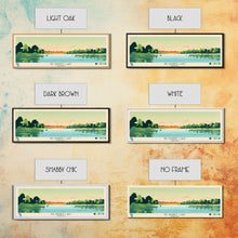 Load image into Gallery viewer, Big Barbee Lake Indiana Framed Canvas Print, Panoramic Travel Poster, Midcentury Modern Wall Art, Pop Art, Nature Living Room Art, Lake House Decor