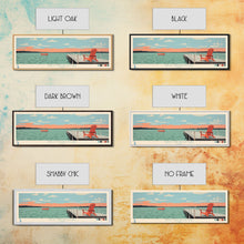 Load image into Gallery viewer, West Okoboji Lake, Iowa Panoramic Framed Canvas Print, Lake House Art, Midcentury Modern Decor, Pop Art, Travel Poster, Bedroom Wall Art