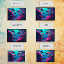 Load image into Gallery viewer, Coral Reef art, synthwave aesthetic ocean art, school of fish, framed canvas art, framed wall art canvas print