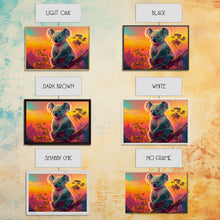 Load image into Gallery viewer, Cute Koala bear at sunset, vaporwave animal art, framed canvas print, framed wall art, ready to hang, synthwave art