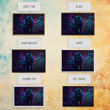 Load image into Gallery viewer, Black panther on the hunt in the jungle, glowing blue eyes, synth wave aesthetic art, framed canvas print