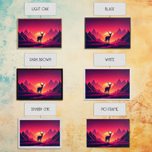 Load image into Gallery viewer, Deer at sunset, outrun style nature animal print, framed canvas print, sunrise art