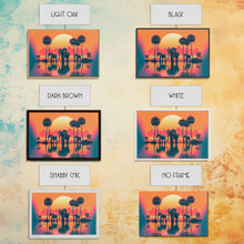 Load image into Gallery viewer, Sun beading down on a family of Elephants, framed canvas print