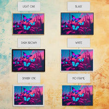 Load image into Gallery viewer, Beautiful butterfly art, vaporwave aesthetic pastel art, framed canvas print, synthwave art