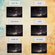 Load image into Gallery viewer, Black and white Watercolor of a starry night sky over a pine forest, framed canvas print