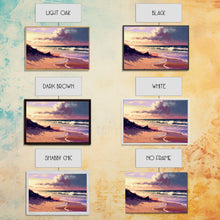 Load image into Gallery viewer, Boho Style Whimsical Beach Art, Framed Canvas Print, Minimalist Modern Farmhouse Decor, Pink Sunset Sky over the beach