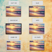 Load image into Gallery viewer, Boho Style Whimsical Beach Art, Framed Canvas Print, Minimalist Modern Farmhouse Decor, Pink Sunset Sky over tide rolling in