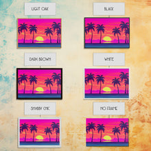 Load image into Gallery viewer, Beach sunset Wall Art, Framed Canvas Print, Colorful painting, Vibrant art, Synthwave Style, Warm Colors, Pop Art style, Tropical art