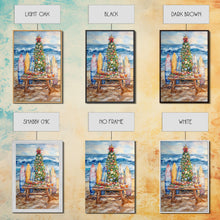 Cargar imagen en el visor de la galería, Christmas tree with surfboards on the beach, Framed Canvas Print tropical holiday wall art perfect beach Christmas decor holiday gift idea