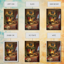 Load image into Gallery viewer, Cozy Christmas Mantle Decor Framed Canvas Print With Stockings Hanging And Presents By The Fire, Seasonal Holiday Wall Art Farmhouse Style