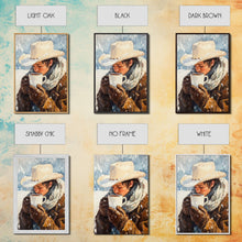 Load image into Gallery viewer, Cowboy Drinking Hot Cocoa Framed Canvas Print - Cozy Winter Wall Art 2024 Rustic Christmas Decor and Gift Idea