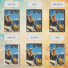 Load image into Gallery viewer, Cowboy Resting by the Fire Canvas Print, Winter Mountain Scene, Seasonal Wall Art, Rustic Western Decor, Holiday Gift, Framed Canvas Print