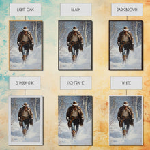 Load image into Gallery viewer, Cowboy Riding Horse in Snowy Forest Canvas Print, Winter Wall Art, Western, Rustic Christmas Wall Art, Seasonal Holiday Decor, Canvas Print