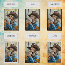 Carregar imagem no visualizador da galeria, Fall-themed farmhouse framed canvas print a woman with coffee amidst autumn leaves ideal harvest home decor or seasonal wall art gift idea