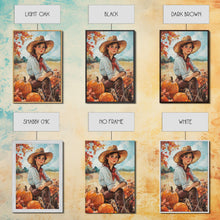 Load image into Gallery viewer, Country fall harvest framed canvas print pumpkins and a serene autumn landscape perfect seasonal wall art for rustic farmhouse home decor