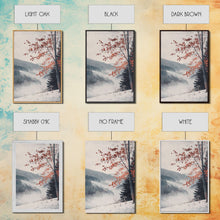 Carregar imagem no visualizador da galeria, Canvas Print of Snowy Mountain Trees Red Leaves, Winter Wonderland Wall Art, Best Gift Idea, Moody Landscape, Rustic Christmas Decor