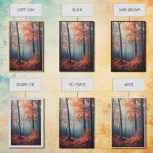 Carregar imagem no visualizador da galeria, Framed Canvas Print of Misty Autumn Forest with Vibrant Red Leaves, Seasonal Wall Art, Modern Farmhouse, Gift Idea, Fall Landscape Art