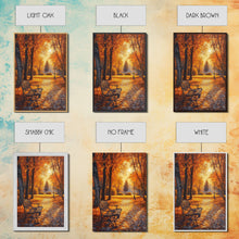 Carregar imagem no visualizador da galeria, Autumn Park Bench Scene With Trees And Lamppost Framed Canvas Print Wall Art Fall Decor, Rustic Autumn Art Gift, Seasonal Canvas Art