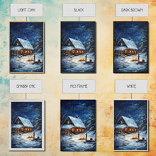 Load image into Gallery viewer, Cowboy Christmas by the Fire Framed Canvas Print, Western Holiday Decor with Snowy Cabin, Cozy Art Perfect for Rustic Christmas Winter Decor