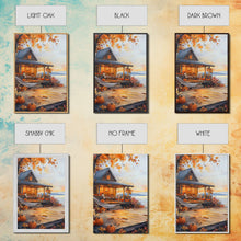 Cargar imagen en el visor de la galería, Cozy autumn cabin porch with pumpkins and scenic view, Framed Canvas Print, perfect above sofa art, fall seasonal decor, gallery wall