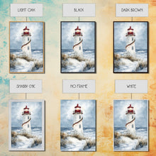 Carregar imagem no visualizador da galeria, Snowy lighthouse wrapped with festive garland, Framed Canvas Print, beach Christmas decor, holiday wall art perfect for coastal homes