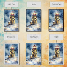 Load image into Gallery viewer, Snowy lighthouse under moonlit sky with wreath, Framed Canvas Print, beach Christmas decor for winter wonderland, holiday wall art