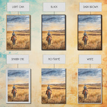 Load image into Gallery viewer, Cowboy leading cattle across golden prairie, Framed Canvas Print, western landscape wall art for rustic farmhouse decor, gift idea holiday