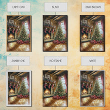 Load image into Gallery viewer, Cozy farmhouse Christmas interior Framed Canvas Print with tree stockings and fireplace, warm holiday art rustic Christmas decor mantle