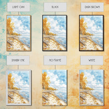 Load image into Gallery viewer, Autumn beach scene with golden trees and calm shoreline Framed Canvas Print, fall landscape art perfect autumn wall decor for rustic homes