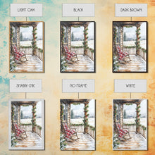 Carregar imagem no visualizador da galeria, Farmhouse porch decorated with garland and cozy rocking chair, Framed Canvas Print winter decor idea for rustic home Christmas wall art