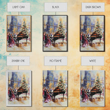 Load image into Gallery viewer, Elegant Christmas party with grand piano and city skyline view Framed Canvas Print, classy holiday wall art perfect seasonal decor idea