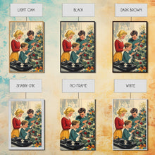 Carregar imagem no visualizador da galeria, Mid-Century Family Christmas Celebration with Turntable and Christmas Tree, Retro Holiday Wall Art, Framed Canvas Print