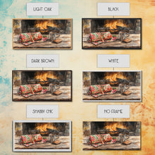 Carregar imagem no visualizador da galeria, Canvas Print Cozy Fireplace with Christmas Blanket and Mug, Rustic Christmas Decor, Holiday Home Art, Warm Christmas Wall Art