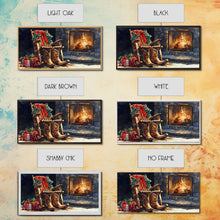 Carregar imagem no visualizador da galeria, Canvas Print Rocking Chair and Cowboy Boots by Fireplace, Cozy Christmas Decor, Western Holiday Wall Art, Rustic Christmas Scene