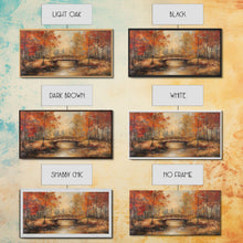 Load image into Gallery viewer, Autumn Bridge Over Quiet River Tall Art Framed Canvas Print Serene Fall Landscape With Colorful Foliage And Peaceful Reflections