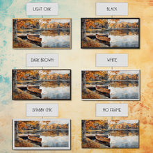 Carregar imagem no visualizador da galeria, Fall lake house decor Framed Canvas Print serene lakeside cabin canoe rustic autumn wall art seasonal decor gift idea cozy fall home decor