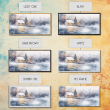 Carregar imagem no visualizador da galeria, Christmas winter cabin Framed Canvas Print snowy lakeside cabin Christmas tree cozy holiday decor winter wonderland art Christmas wall decor