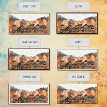 Carregar imagem no visualizador da galeria, Autumn village decor Framed Canvas Print rustic village with fall trees cozy seasonal wall art gift idea moody landscape autumn home decor