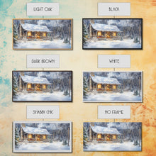 Load image into Gallery viewer, Snowy cabin Christmas decor, winter wonderland wall art, rustic farmhouse Christmas print, cozy country home decor, framed canvas print