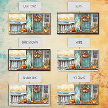 Load image into Gallery viewer, Coastal Surfboard and Pumpkins Fall Scene, Framed Canvas Print, Autumn Beach Decor, Fall Home Decor, Wall Art, Coastal Autumn Wall Print